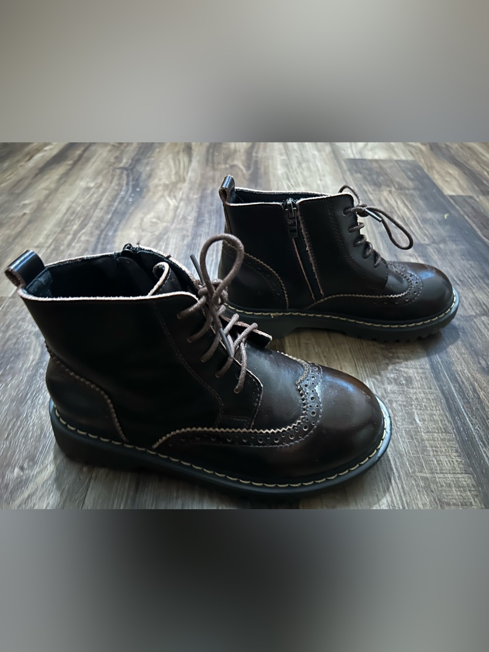 MZDL Leather Chunky Heel Boots Womens 5/Boys 4 Brown Hand Made Combat Side Zip